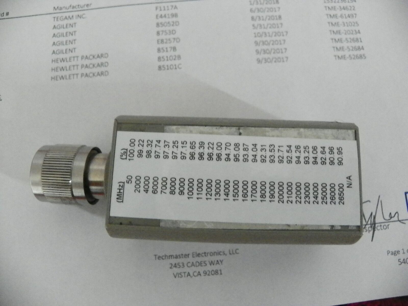 Agilent / HP 8485A 50MHz - 26.5GHz RF Pwr Sensor (-30 to 20 dBm) 2 YR NIST 04/17 Agilent / HP 8485A 50MHz - 26.5GHz RF Pwr Sensor (-30 to 20 dBm) 2 YR NIST 04/17